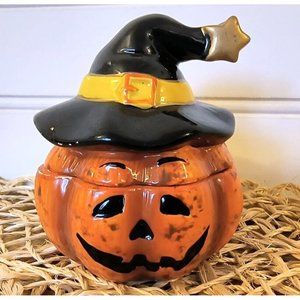 Pumpkin Jack-o-Lantern Tealight Holder or Trinket Dish w/ Witch Hat, EUC